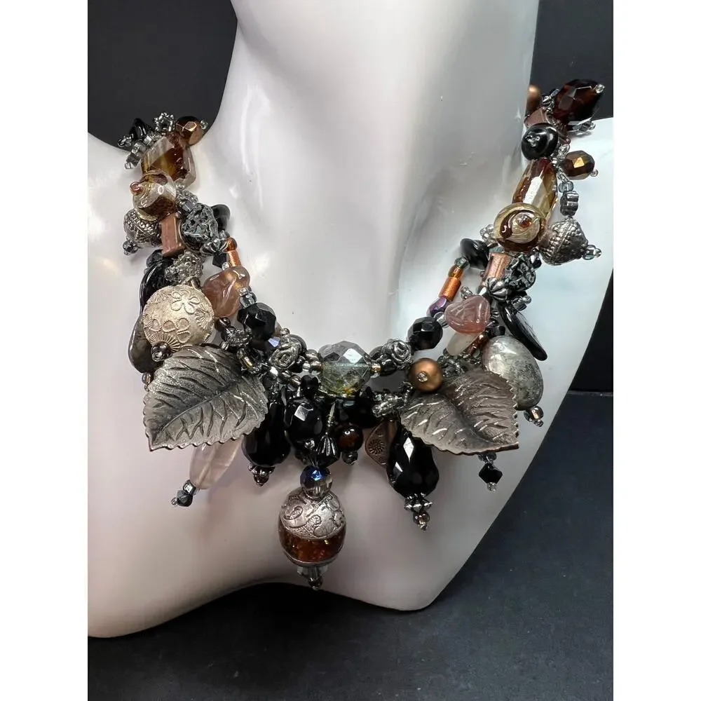 Artisan Copper Wire Necklace Glass Onyx Pyrite Amber Pearl 17”